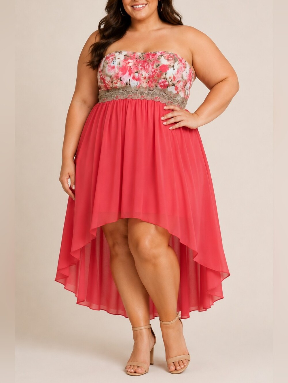 New Look Coral Floral Strapless Hi-Low Dress Womens Size 3X Chiffon Empire Waist